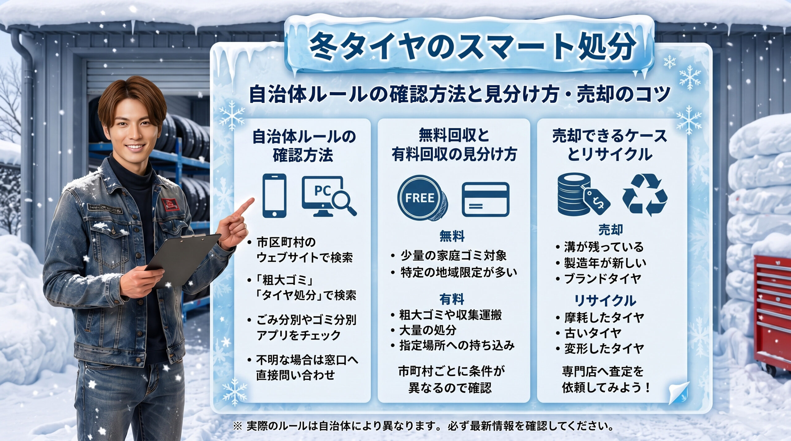 札幌の雪道で除雪機の回収作業を行う便利屋スタッフと案内テキスト