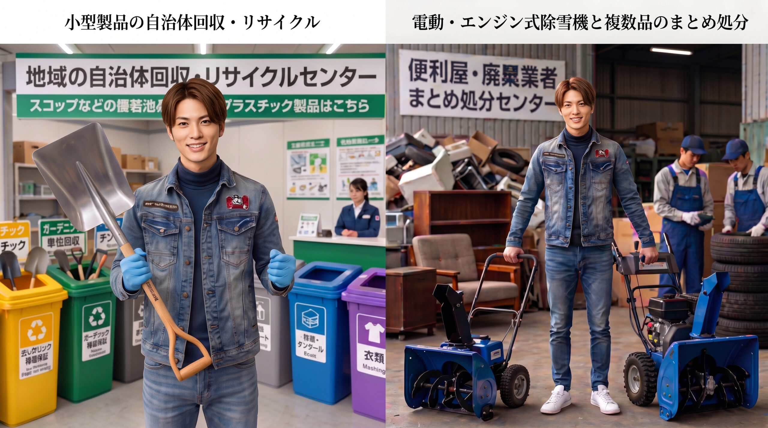 リサイクル作業と除雪機回収を行う同一スタッフの比較イメージ