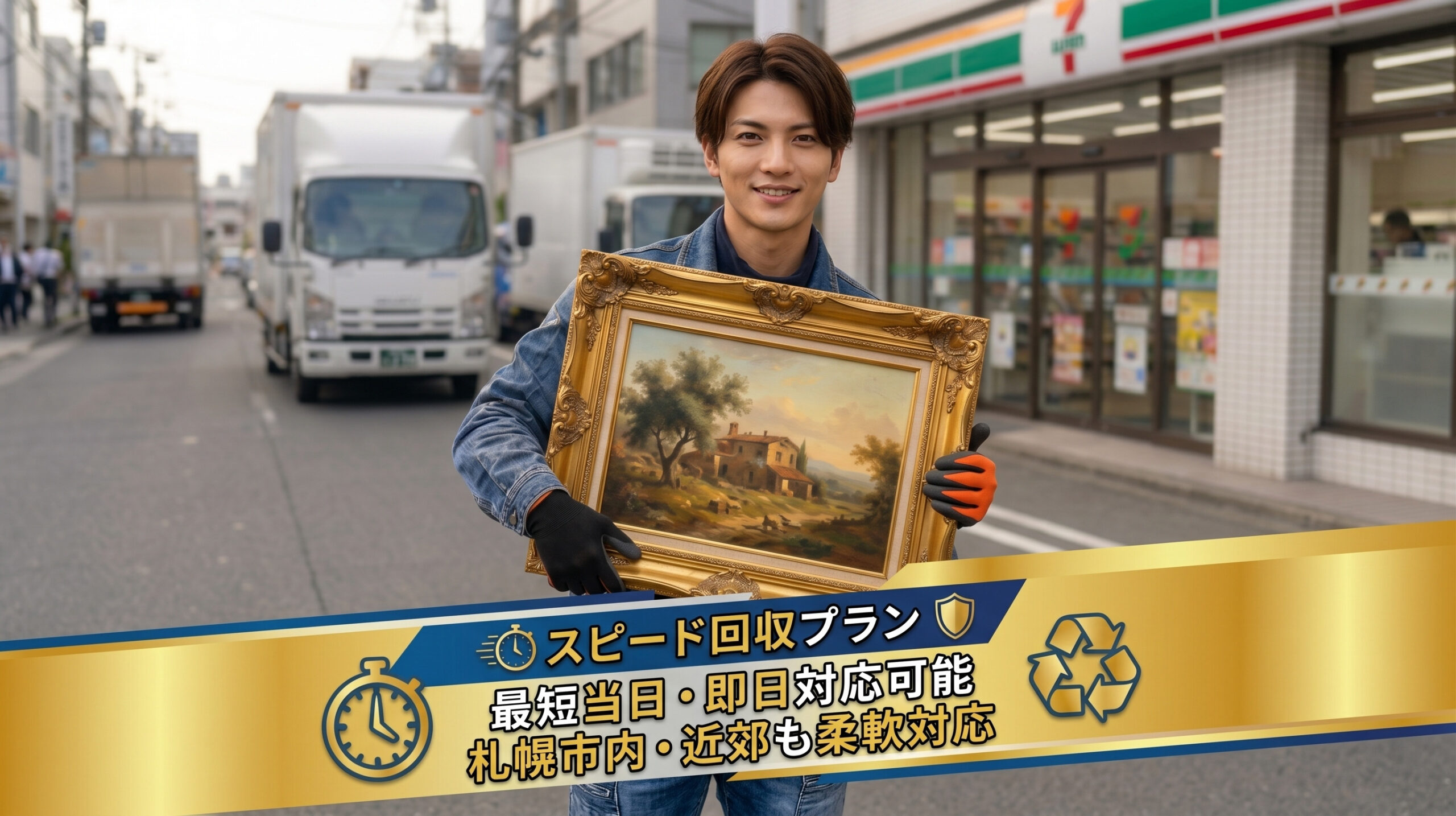 「即日回収サービスを説明する便利屋スタッフが絵画を回収している様子」