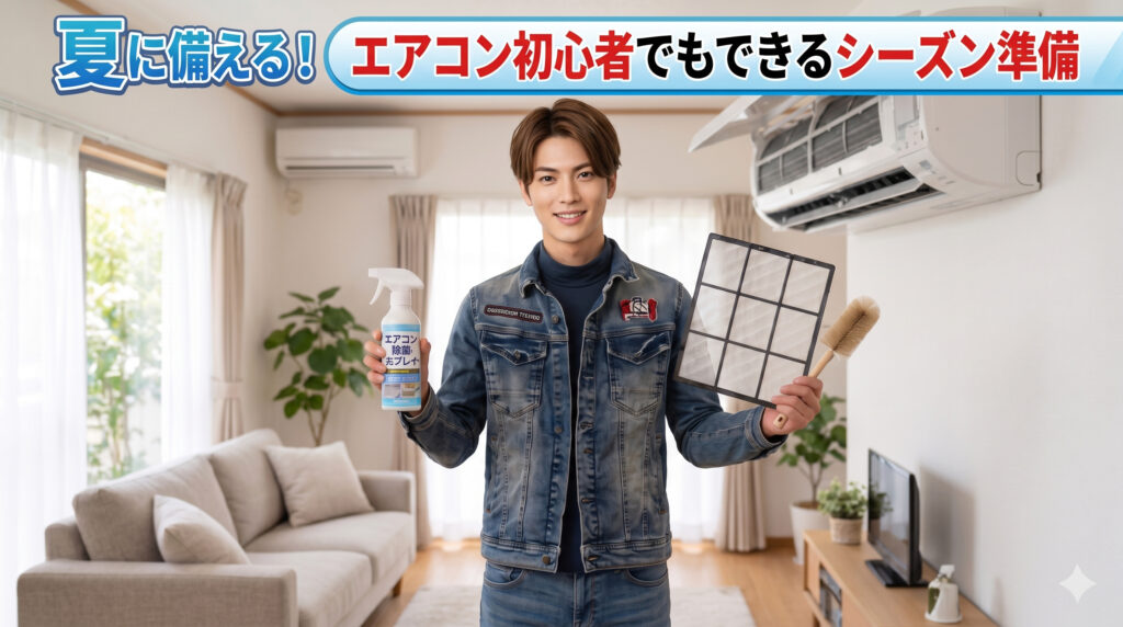エアコン清掃の準備をする男性スタッフ