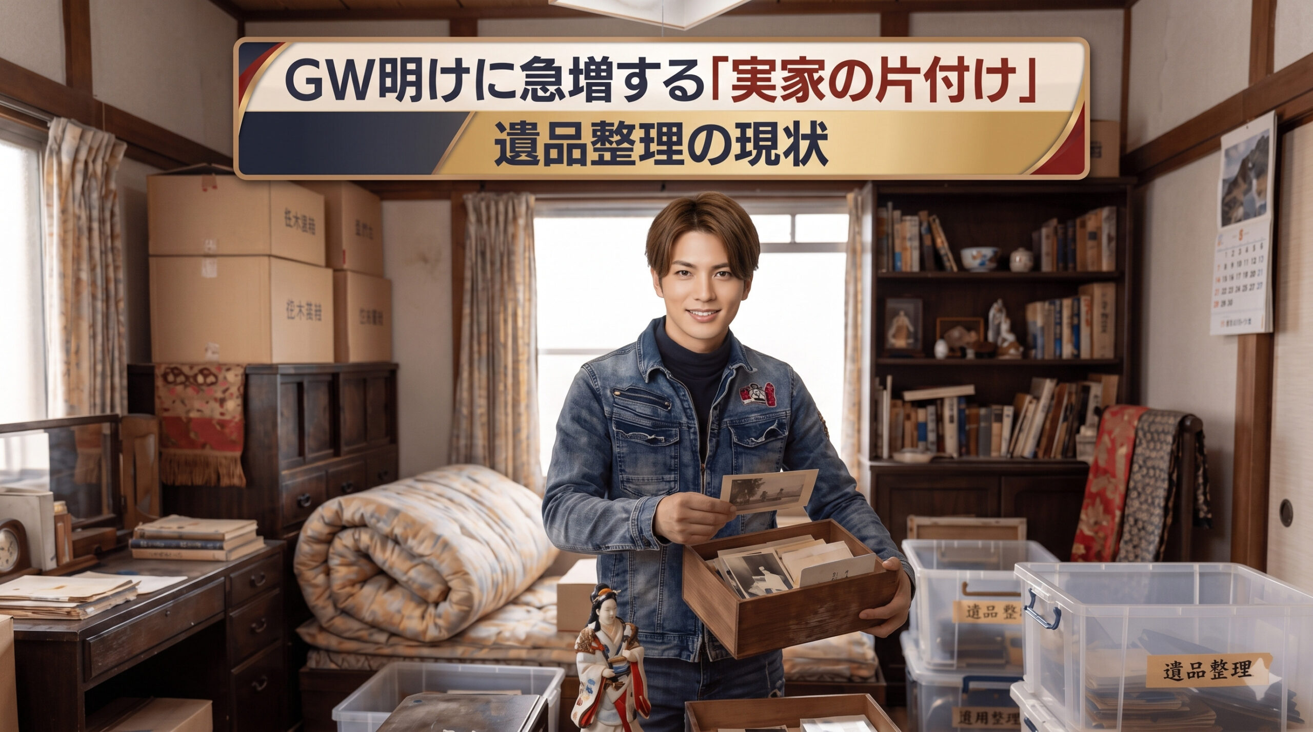 「室内で不用品を仕分けする男性スタッフ」