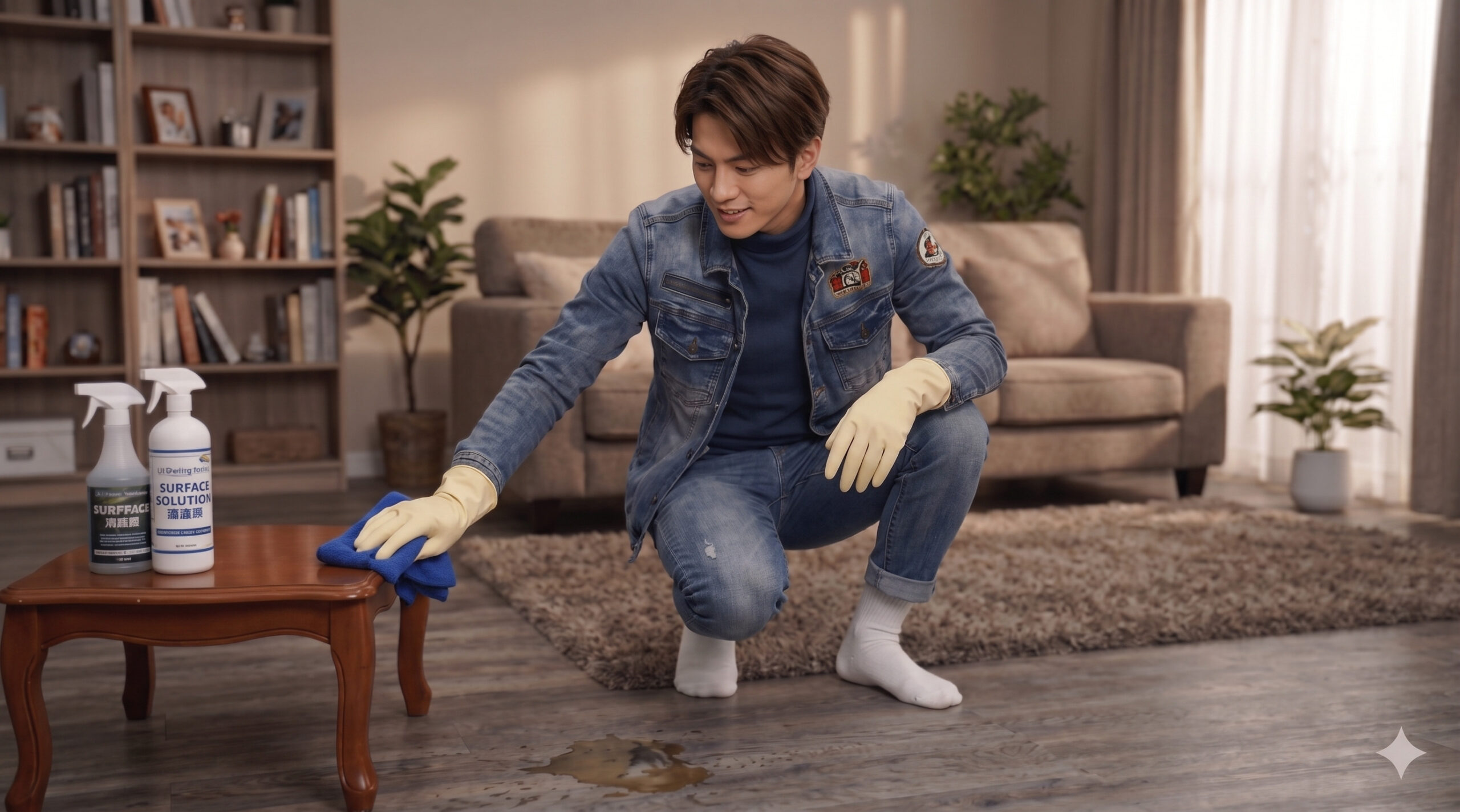 室内で床の汚れを拭き取るハウスクリーニング作業中のスタッフ