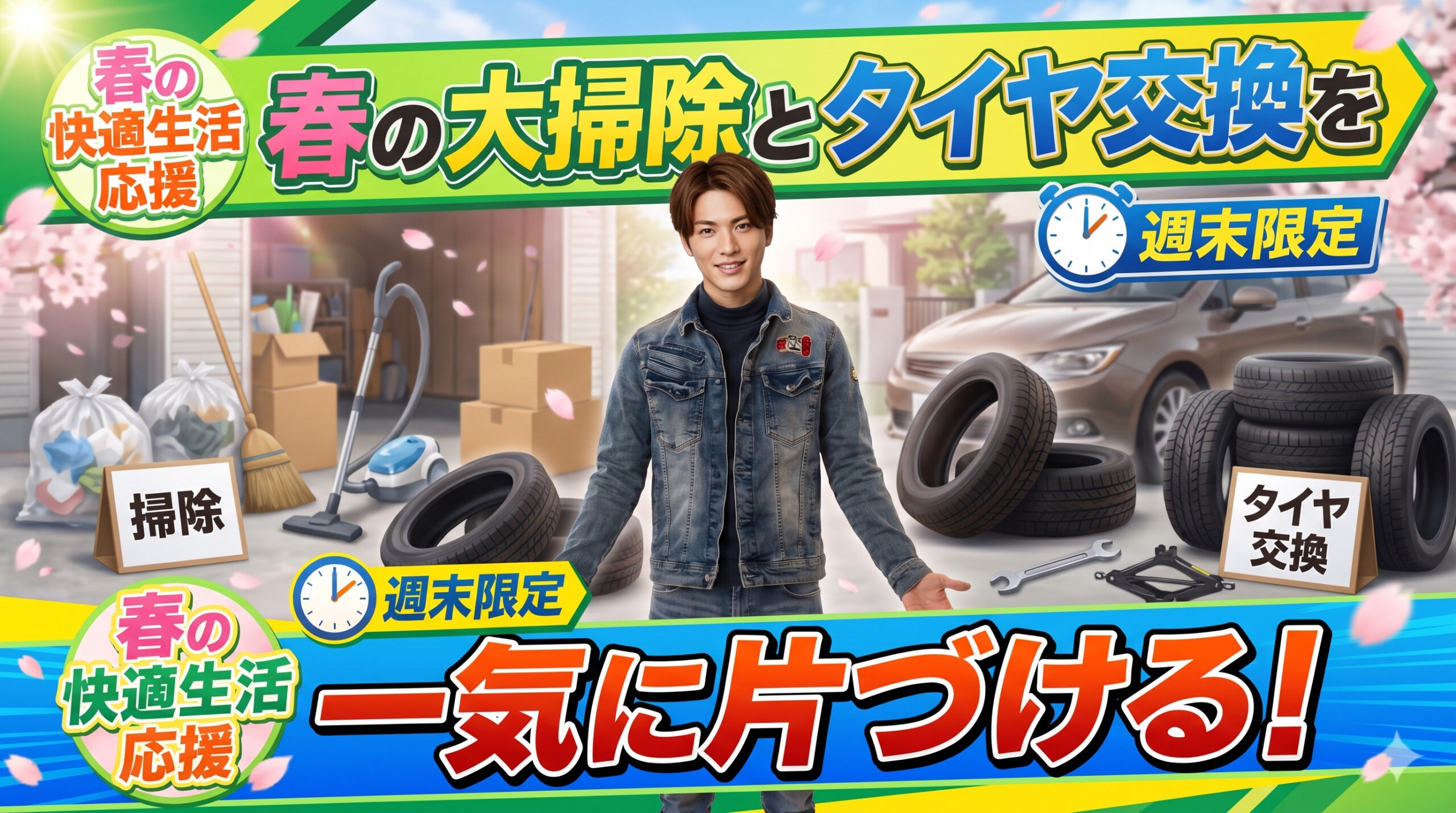 春の大掃除とタイヤ交換をまとめて行う便利サービスのイメージ