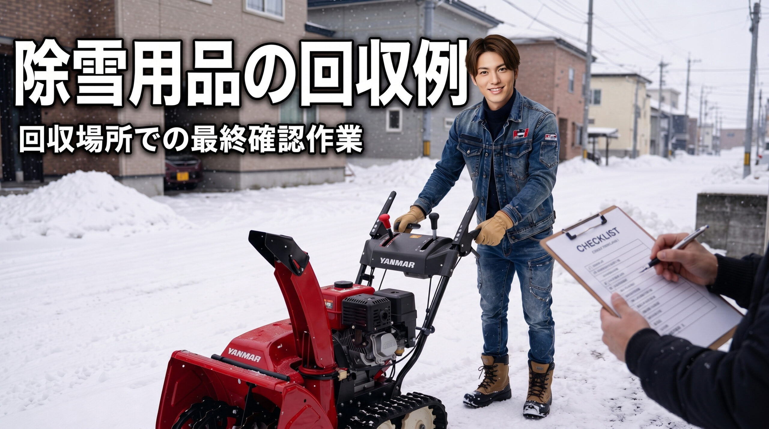 雪道で除雪機を操作する便利屋スタッフの回収作業シーン