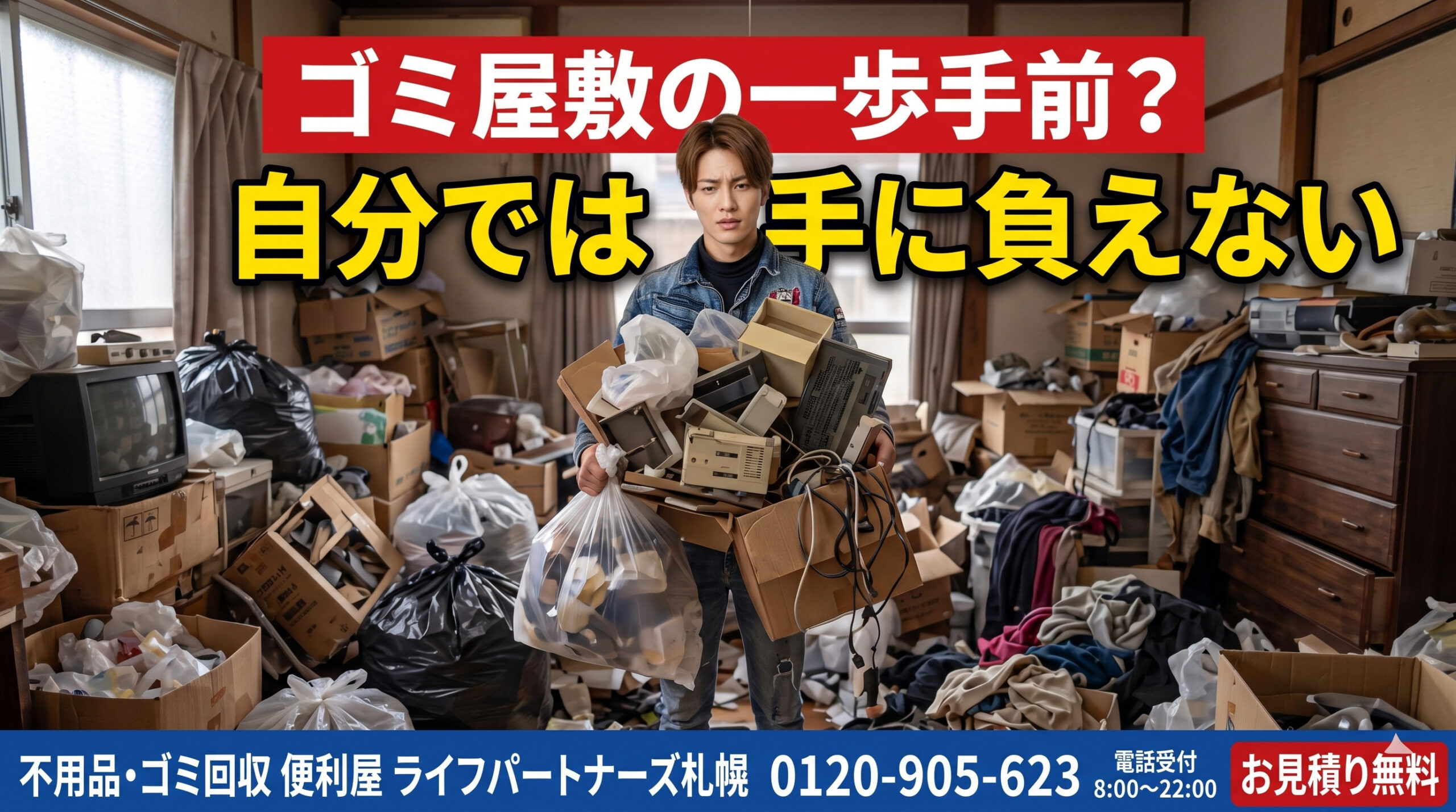 ゴミ屋敷寸前の部屋で悩む男性と不用品回収サービスのイメージ