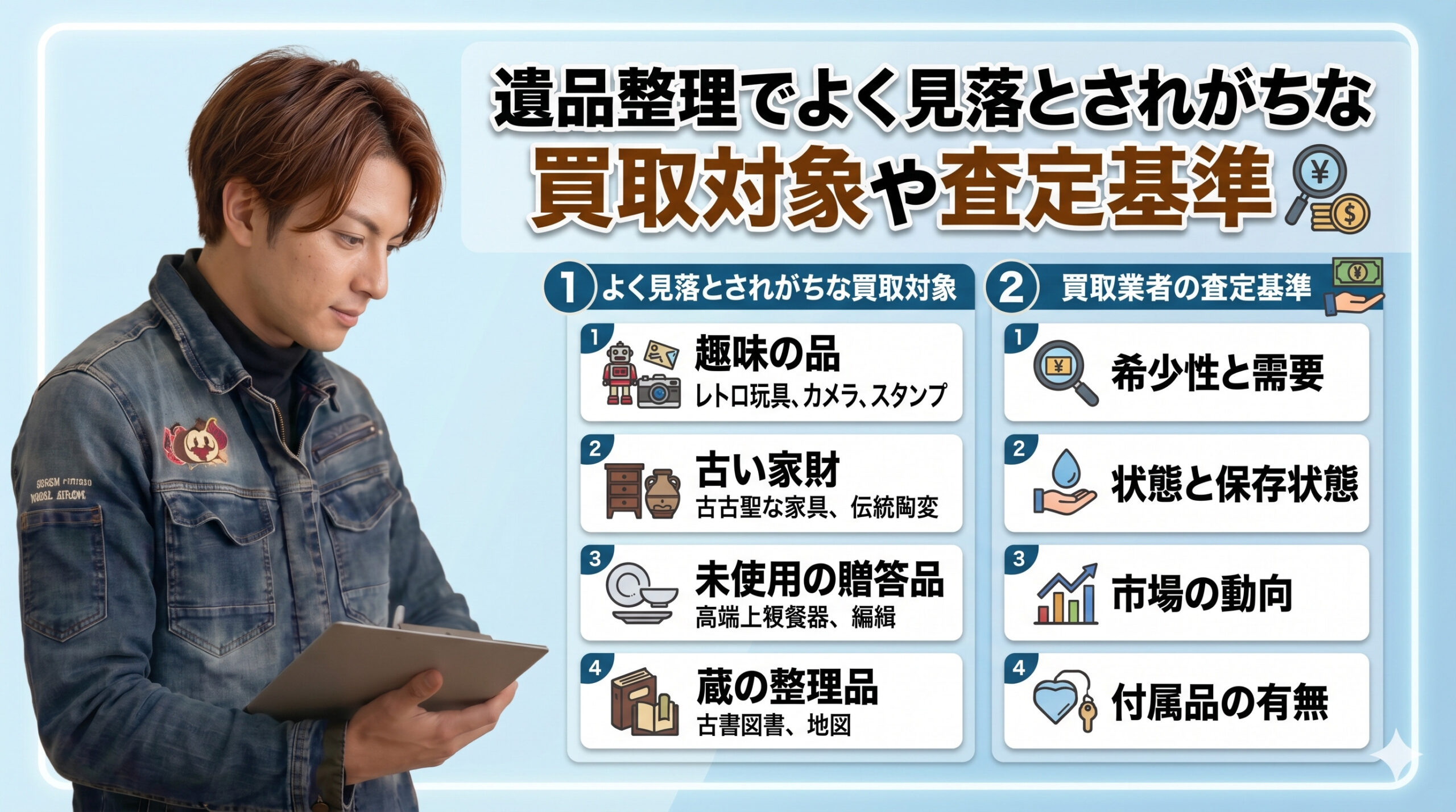 遺品整理時の買取対象や査定ポイントを紹介する解説画像