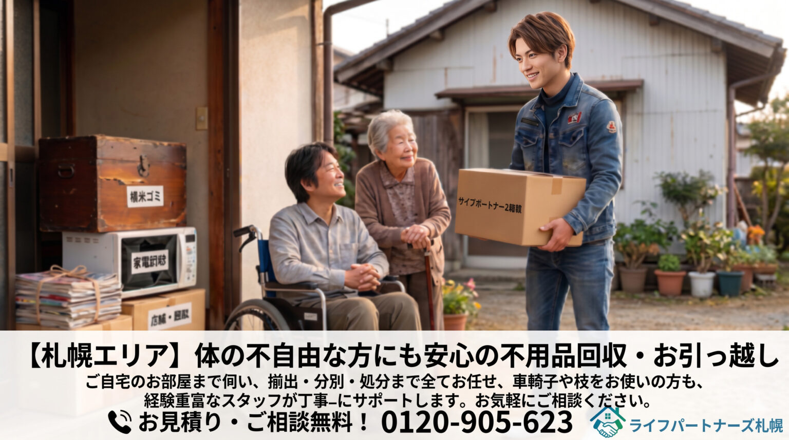 引っ越しや片付けをサポートする便利屋スタッフと利用者のイメージ