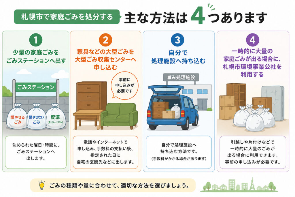 札幌市で家庭ごみを処分する4つの方法を示した図解