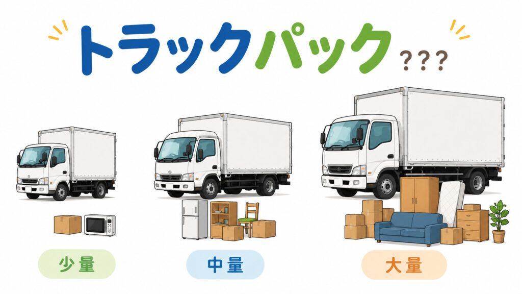 不用品回収のトラックパックと荷物量の違いを説明するイラスト