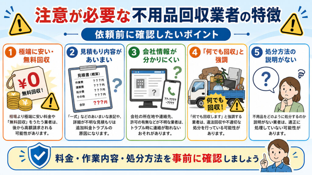 注意が必要な不用品回収業者の特徴をまとめたチェック図解